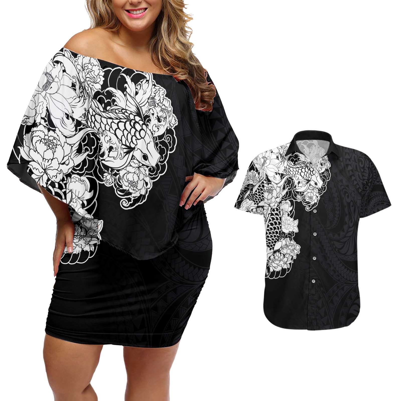 Hawaiian and Japanese Together Couples Matching Off Shoulder Short Dress and Hawaiian Shirt Japanese Koi Fish Tattoo and Kakau Pattern Black Color LT03 Black - Polynesian Pride