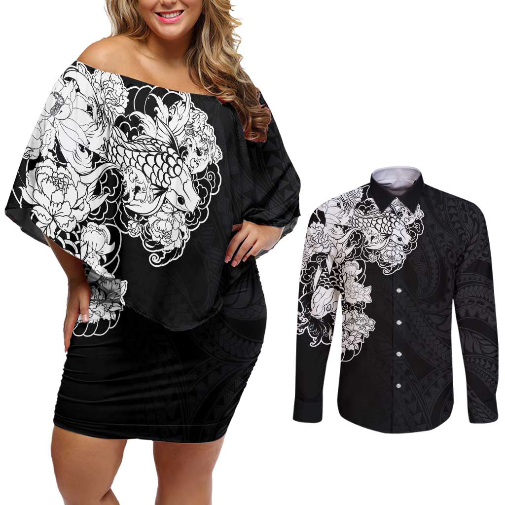Hawaiian and Japanese Together Couples Matching Off Shoulder Short Dress and Long Sleeve Button Shirt Japanese Koi Fish Tattoo and Kakau Pattern Black Color LT03 Black - Polynesian Pride