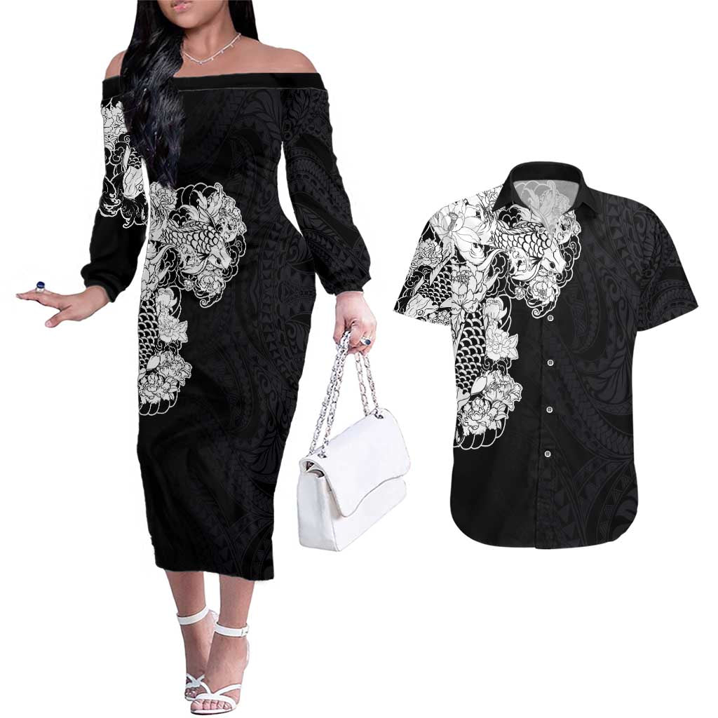 Hawaiian and Japanese Together Couples Matching Off The Shoulder Long Sleeve Dress and Hawaiian Shirt Japanese Koi Fish Tattoo and Kakau Pattern Black Color LT03 Black - Polynesian Pride