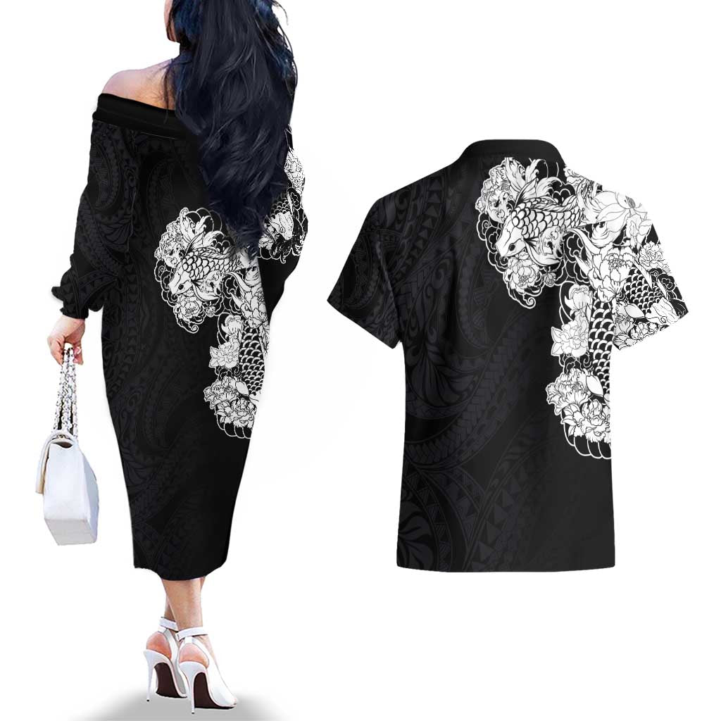 Hawaiian and Japanese Together Couples Matching Off The Shoulder Long Sleeve Dress and Hawaiian Shirt Japanese Koi Fish Tattoo and Kakau Pattern Black Color LT03 - Polynesian Pride