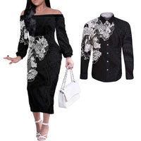 Hawaiian and Japanese Together Couples Matching Off The Shoulder Long Sleeve Dress and Long Sleeve Button Shirt Japanese Koi Fish Tattoo and Kakau Pattern Black Color LT03 Black - Polynesian Pride