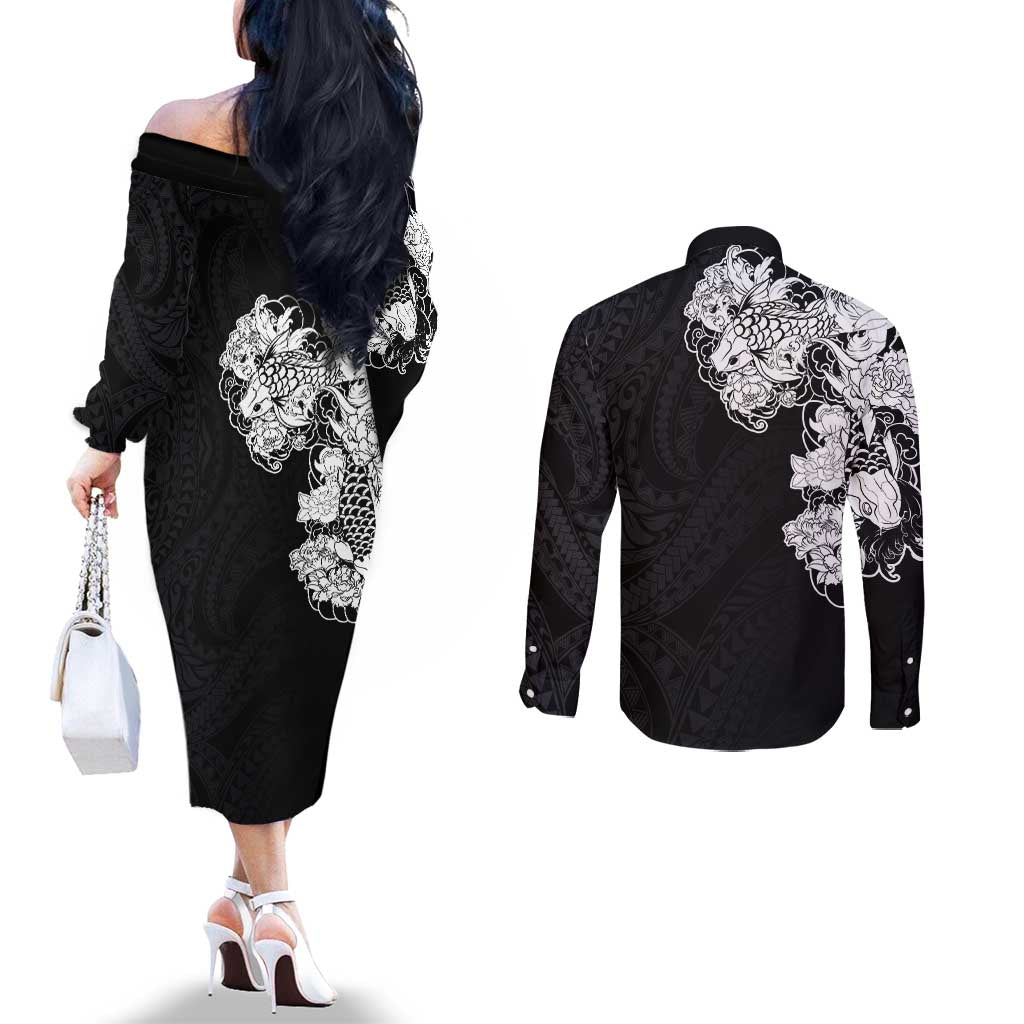 Hawaiian and Japanese Together Couples Matching Off The Shoulder Long Sleeve Dress and Long Sleeve Button Shirt Japanese Koi Fish Tattoo and Kakau Pattern Black Color LT03 - Polynesian Pride