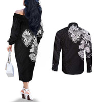 Hawaiian and Japanese Together Couples Matching Off The Shoulder Long Sleeve Dress and Long Sleeve Button Shirt Japanese Koi Fish Tattoo and Kakau Pattern Black Color LT03 - Polynesian Pride
