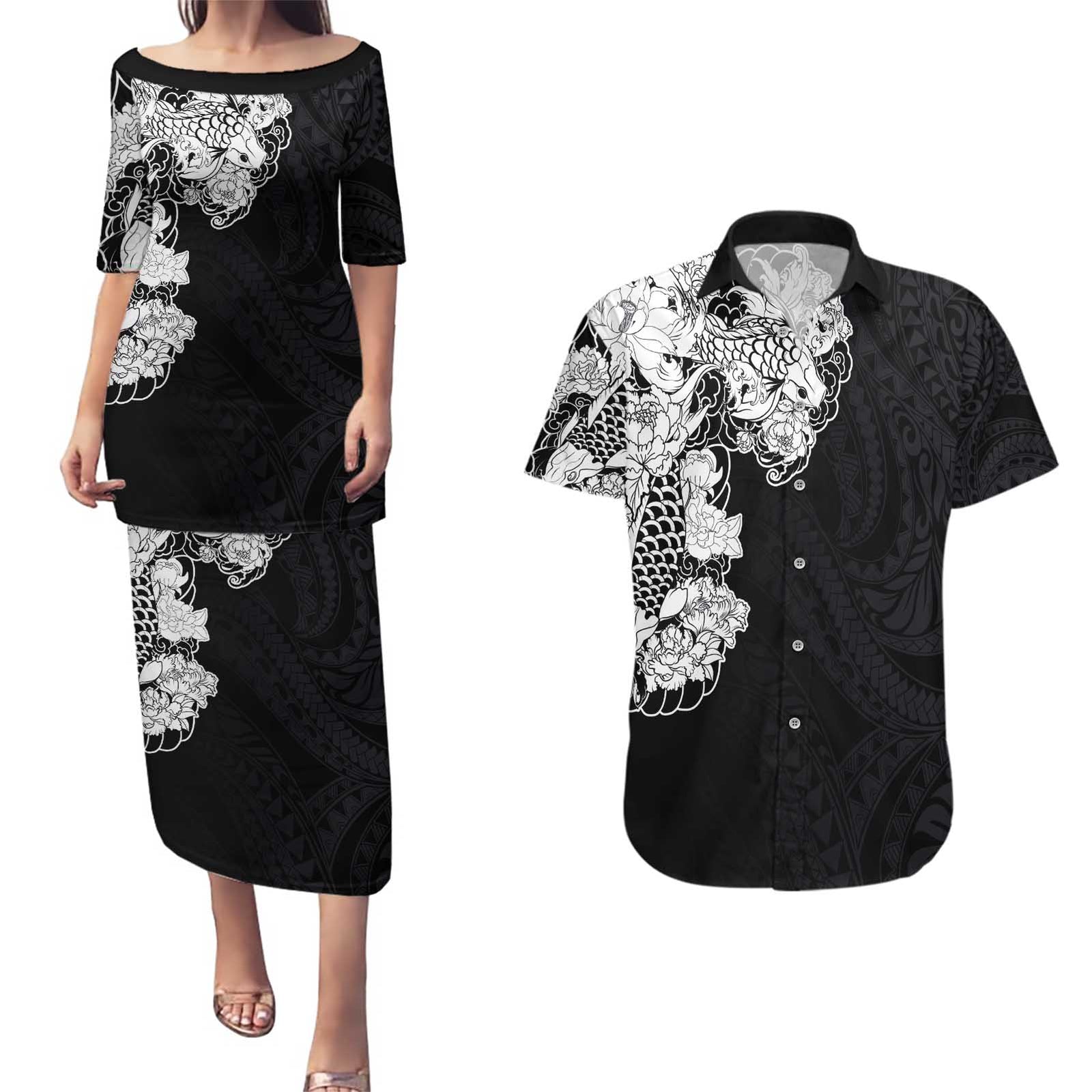 Hawaiian and Japanese Together Couples Matching Puletasi and Hawaiian Shirt Japanese Koi Fish Tattoo and Kakau Pattern Black Color LT03 Black - Polynesian Pride