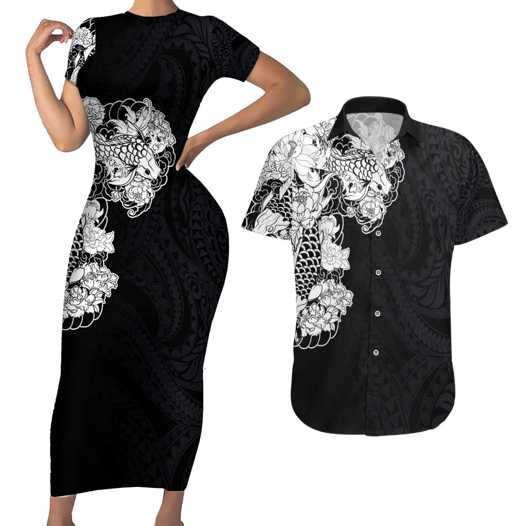 Hawaiian and Japanese Together Couples Matching Short Sleeve Bodycon Dress and Hawaiian Shirt Japanese Koi Fish Tattoo and Kakau Pattern Black Color LT03 Black - Polynesian Pride