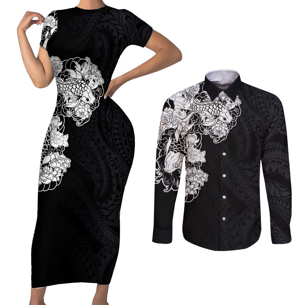 Hawaiian and Japanese Together Couples Matching Short Sleeve Bodycon Dress and Long Sleeve Button Shirt Japanese Koi Fish Tattoo and Kakau Pattern Black Color LT03 Black - Polynesian Pride