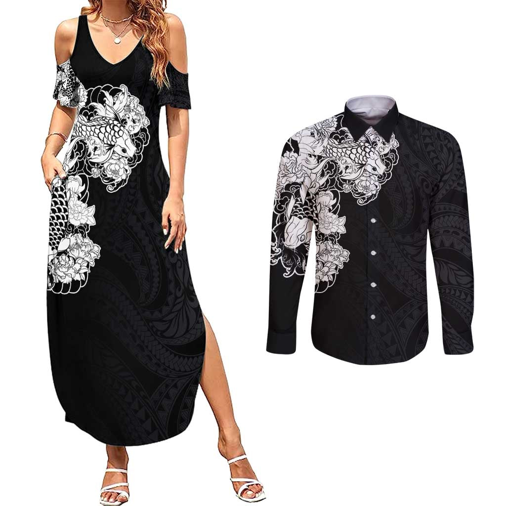 Hawaiian and Japanese Together Couples Matching Summer Maxi Dress and Long Sleeve Button Shirt Japanese Koi Fish Tattoo and Kakau Pattern Black Color LT03 Black - Polynesian Pride
