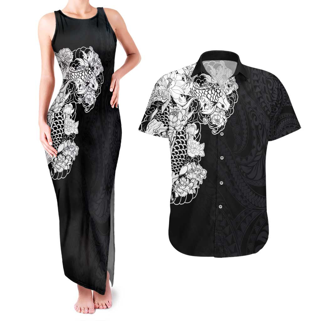 Hawaiian and Japanese Together Couples Matching Tank Maxi Dress and Hawaiian Shirt Japanese Koi Fish Tattoo and Kakau Pattern Black Color LT03 Black - Polynesian Pride
