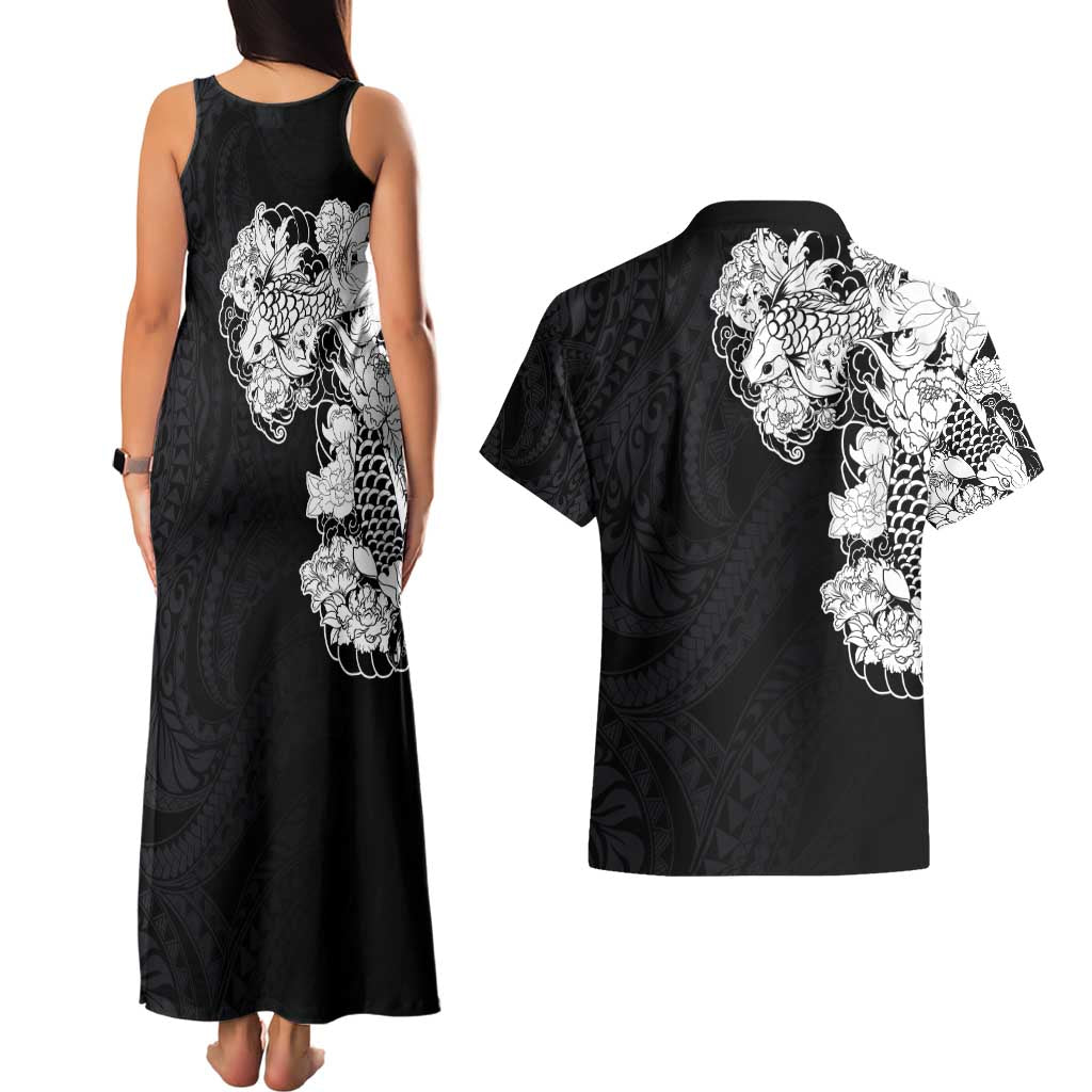 Hawaiian and Japanese Together Couples Matching Tank Maxi Dress and Hawaiian Shirt Japanese Koi Fish Tattoo and Kakau Pattern Black Color LT03 - Polynesian Pride