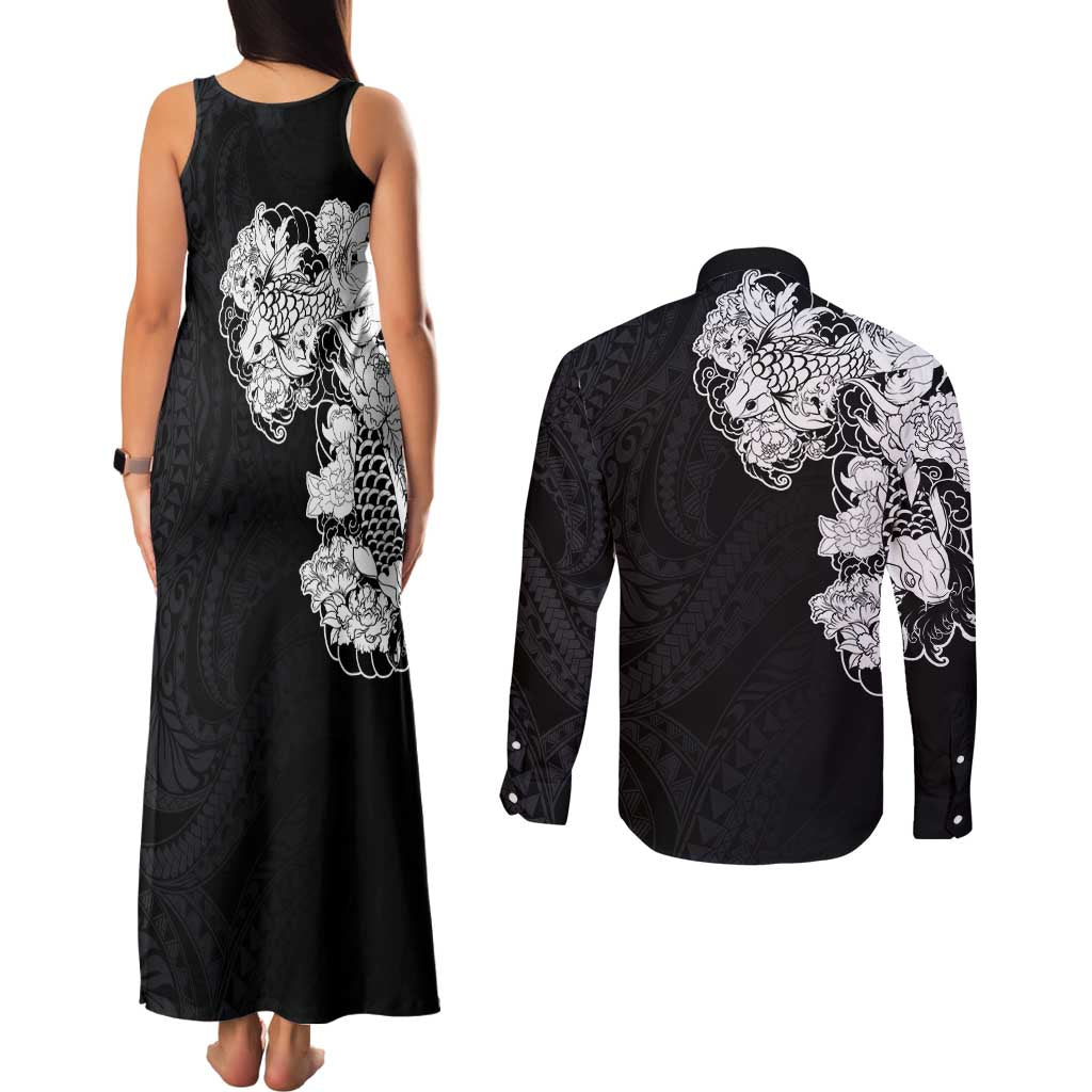Hawaiian and Japanese Together Couples Matching Tank Maxi Dress and Long Sleeve Button Shirt Japanese Koi Fish Tattoo and Kakau Pattern Black Color LT03 - Polynesian Pride