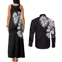 Hawaiian and Japanese Together Couples Matching Tank Maxi Dress and Long Sleeve Button Shirt Japanese Koi Fish Tattoo and Kakau Pattern Black Color LT03 - Polynesian Pride