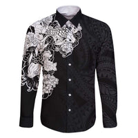 Hawaiian and Japanese Together Family Matching Mermaid Dress and Hawaiian Shirt Japanese Koi Fish Tattoo and Kakau Pattern Black Color