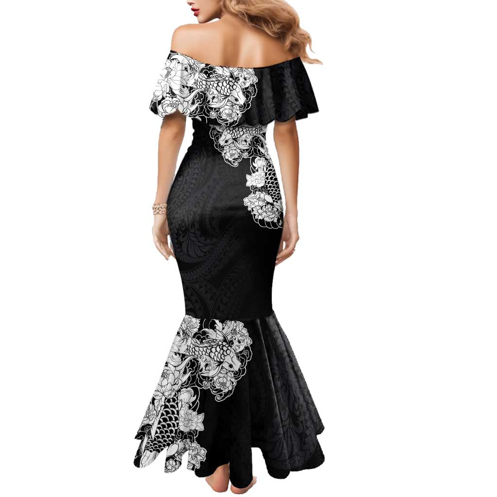 Hawaiian and Japanese Together Family Matching Mermaid Dress and Hawaiian Shirt Japanese Koi Fish Tattoo and Kakau Pattern Black Color