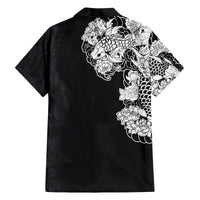 Hawaiian and Japanese Together Family Matching Off The Shoulder Long Sleeve Dress and Hawaiian Shirt Japanese Koi Fish Tattoo and Kakau Pattern Black Color
