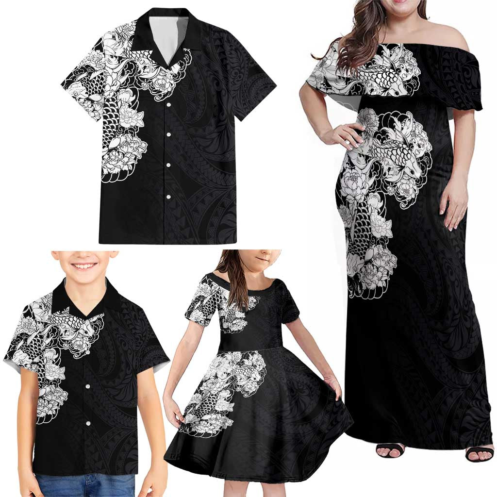 Hawaiian and Japanese Together Family Matching Off Shoulder Maxi Dress and Hawaiian Shirt Japanese Koi Fish Tattoo and Kakau Pattern Black Color