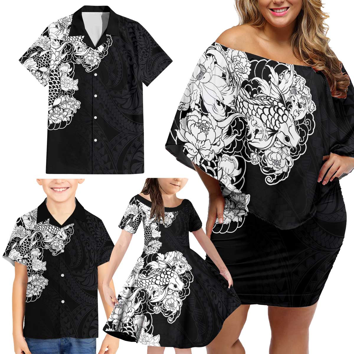Hawaiian and Japanese Together Family Matching Off Shoulder Short Dress and Hawaiian Shirt Japanese Koi Fish Tattoo and Kakau Pattern Black Color LT03 - Polynesian Pride