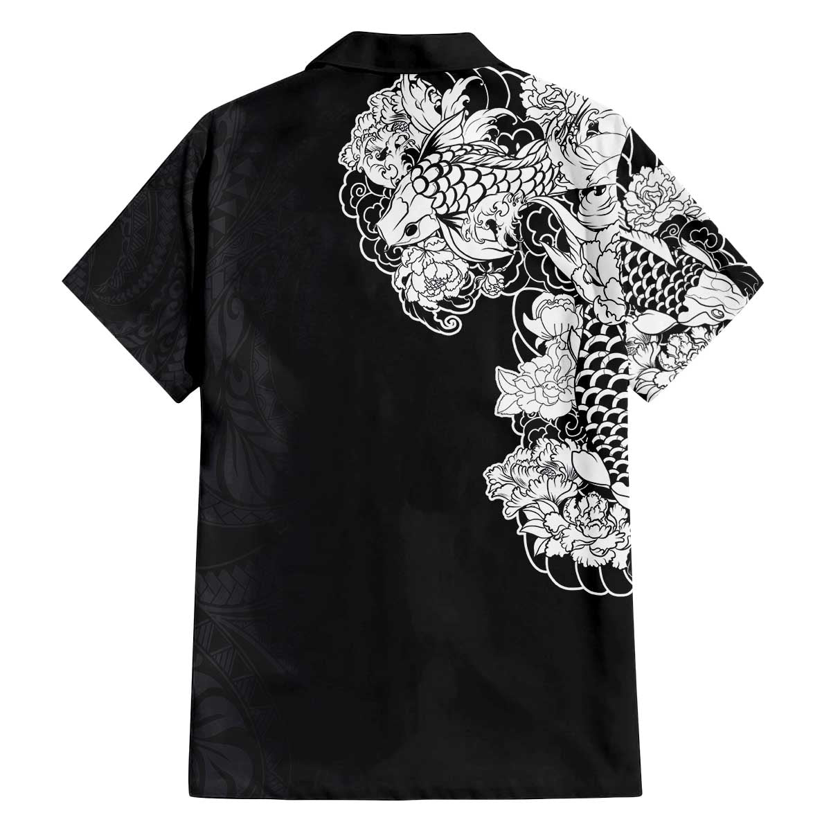 Hawaiian and Japanese Together Family Matching Off Shoulder Short Dress and Hawaiian Shirt Japanese Koi Fish Tattoo and Kakau Pattern Black Color