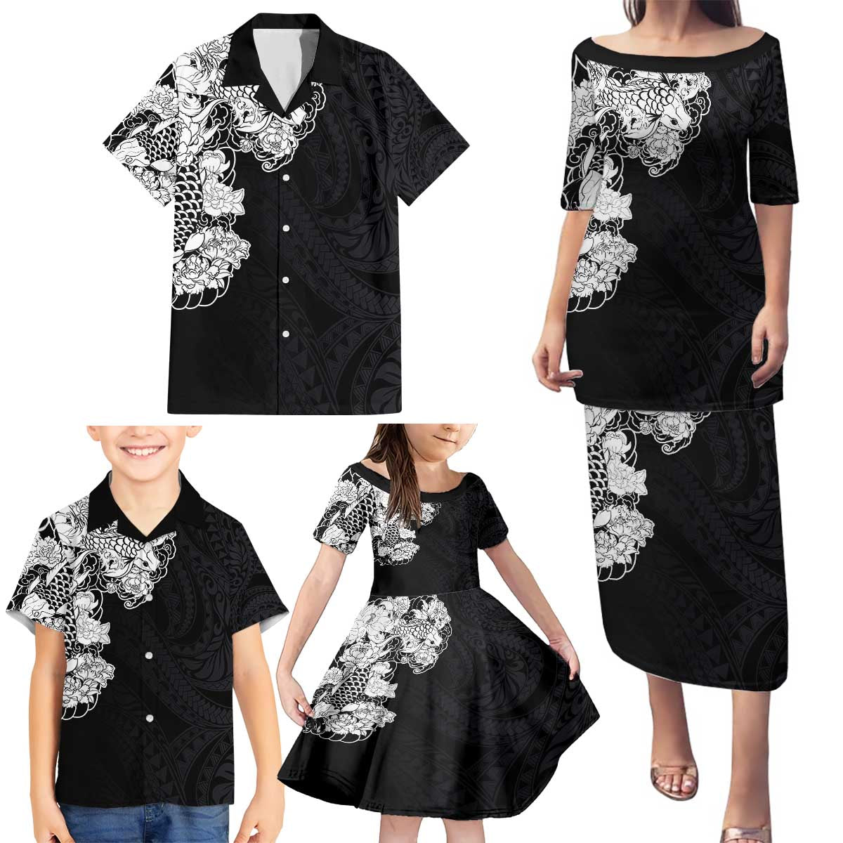 Hawaiian and Japanese Together Family Matching Puletasi and Hawaiian Shirt Japanese Koi Fish Tattoo and Kakau Pattern Black Color