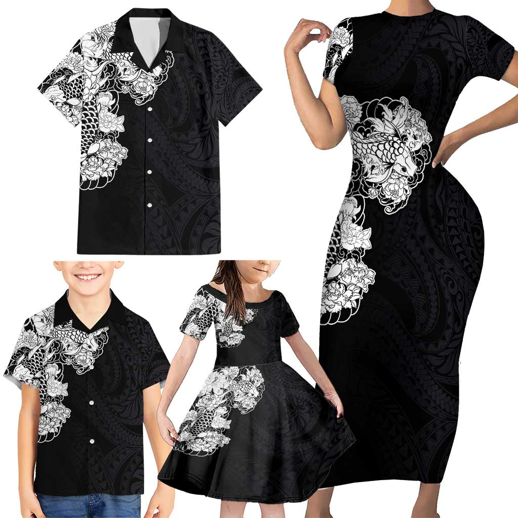 Hawaiian and Japanese Together Family Matching Short Sleeve Bodycon Dress and Hawaiian Shirt Japanese Koi Fish Tattoo and Kakau Pattern Black Color