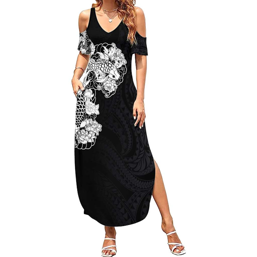 Hawaiian and Japanese Together Family Matching Summer Maxi Dress and Hawaiian Shirt Japanese Koi Fish Tattoo and Kakau Pattern Black Color