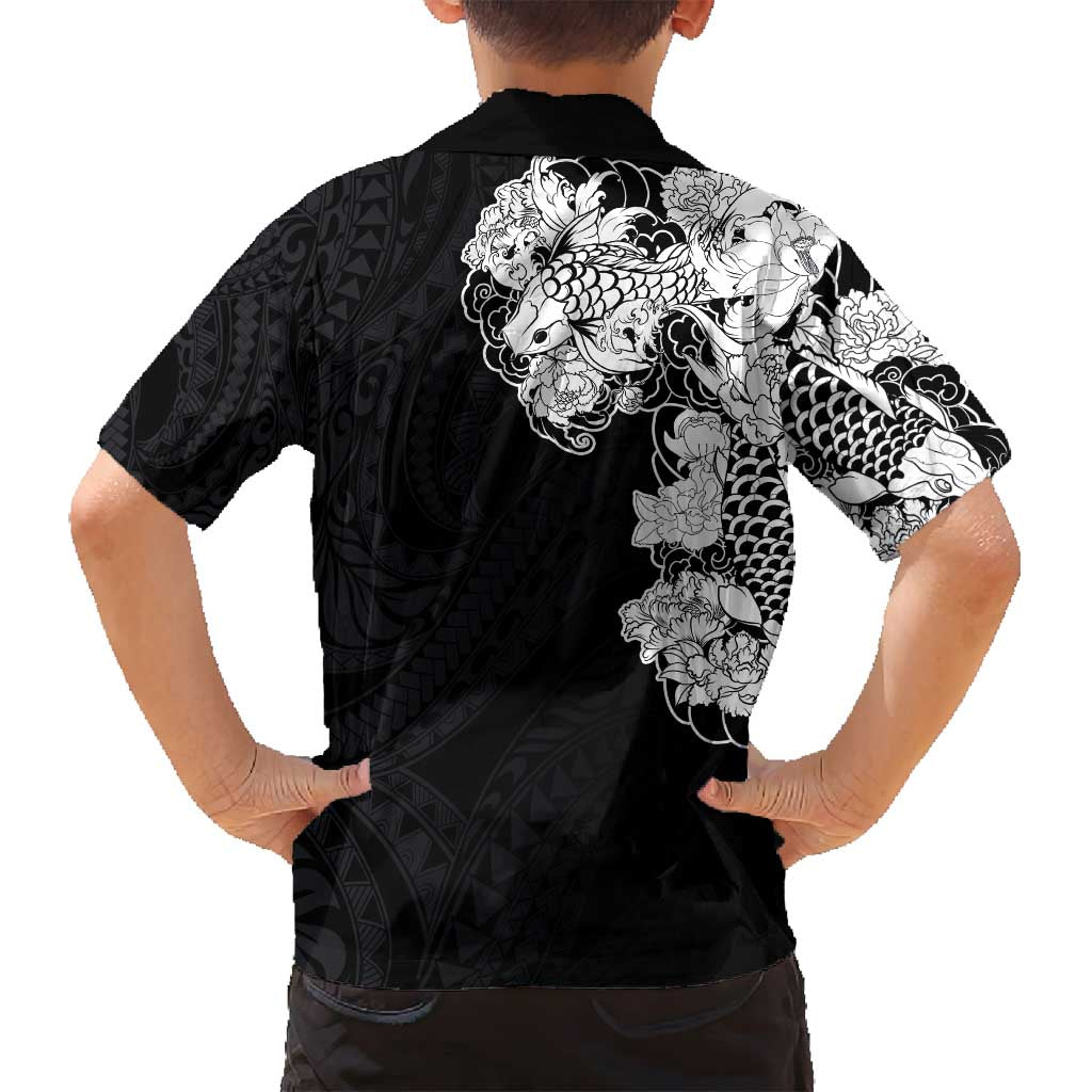 Hawaiian and Japanese Together Family Matching Tank Maxi Dress and Hawaiian Shirt Japanese Koi Fish Tattoo and Kakau Pattern Black Color