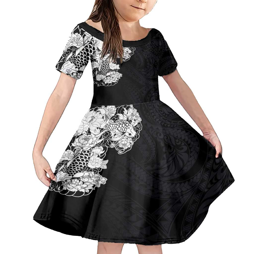 Hawaiian and Japanese Together Family Matching Tank Maxi Dress and Hawaiian Shirt Japanese Koi Fish Tattoo and Kakau Pattern Black Color