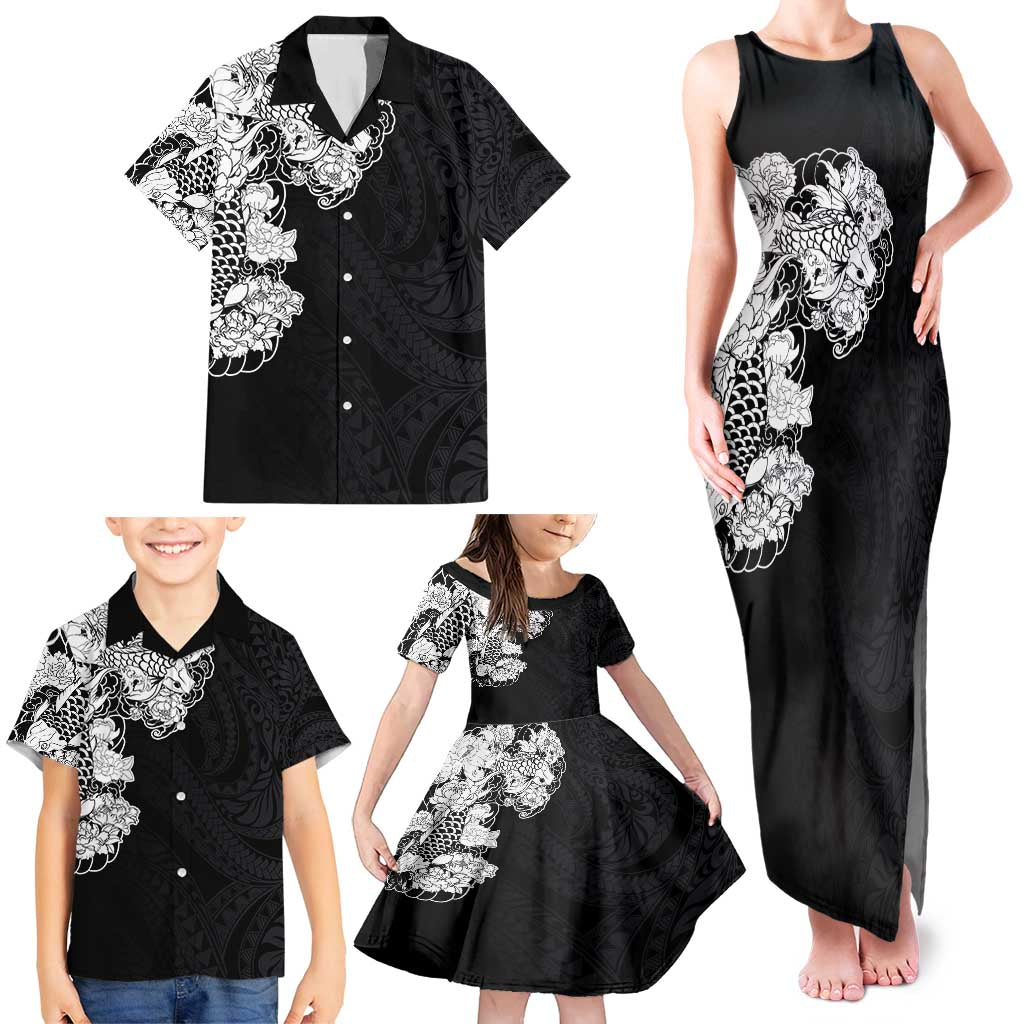 Hawaiian and Japanese Together Family Matching Tank Maxi Dress and Hawaiian Shirt Japanese Koi Fish Tattoo and Kakau Pattern Black Color LT03 - Polynesian Pride