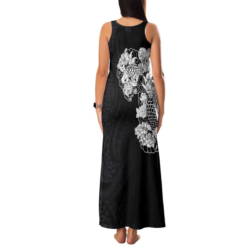 Hawaiian and Japanese Together Family Matching Tank Maxi Dress and Hawaiian Shirt Japanese Koi Fish Tattoo and Kakau Pattern Black Color