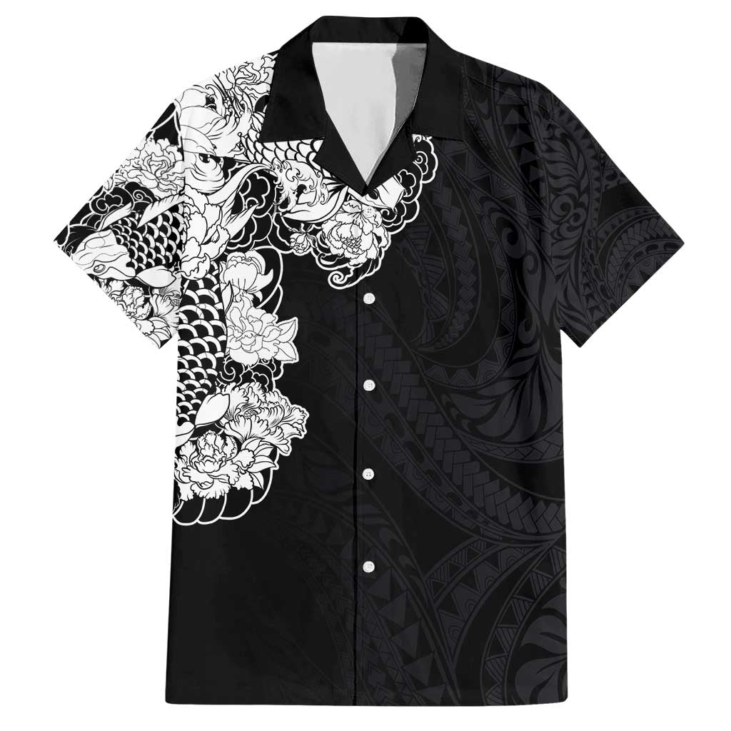 Hawaiian and Japanese Together Hawaiian Shirt Japanese Koi Fish Tattoo and Kakau Pattern Black Color