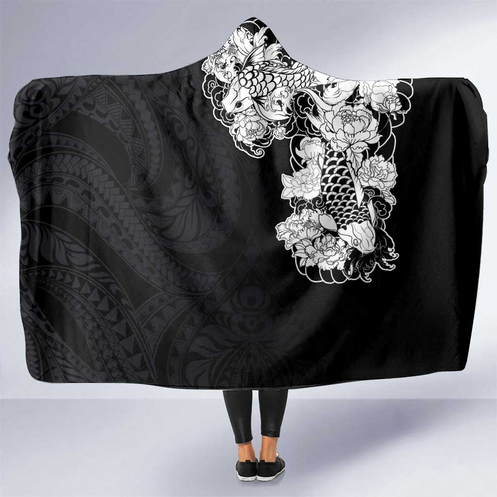 Hawaiian and Japanese Together Hooded Blanket Japanese Koi Fish Tattoo and Kakau Pattern Black Color