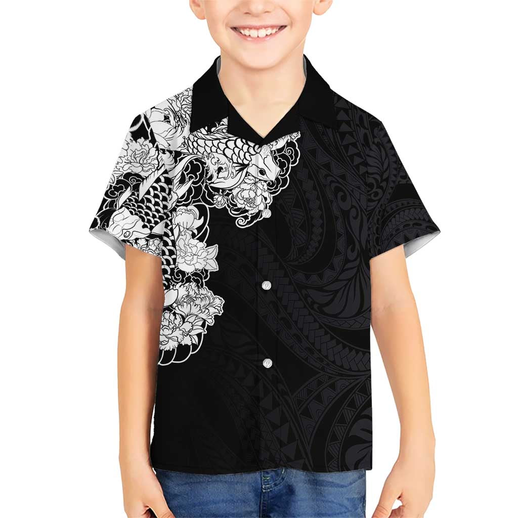 Hawaiian and Japanese Together Kid Hawaiian Shirt Japanese Koi Fish Tattoo and Kakau Pattern Black Color