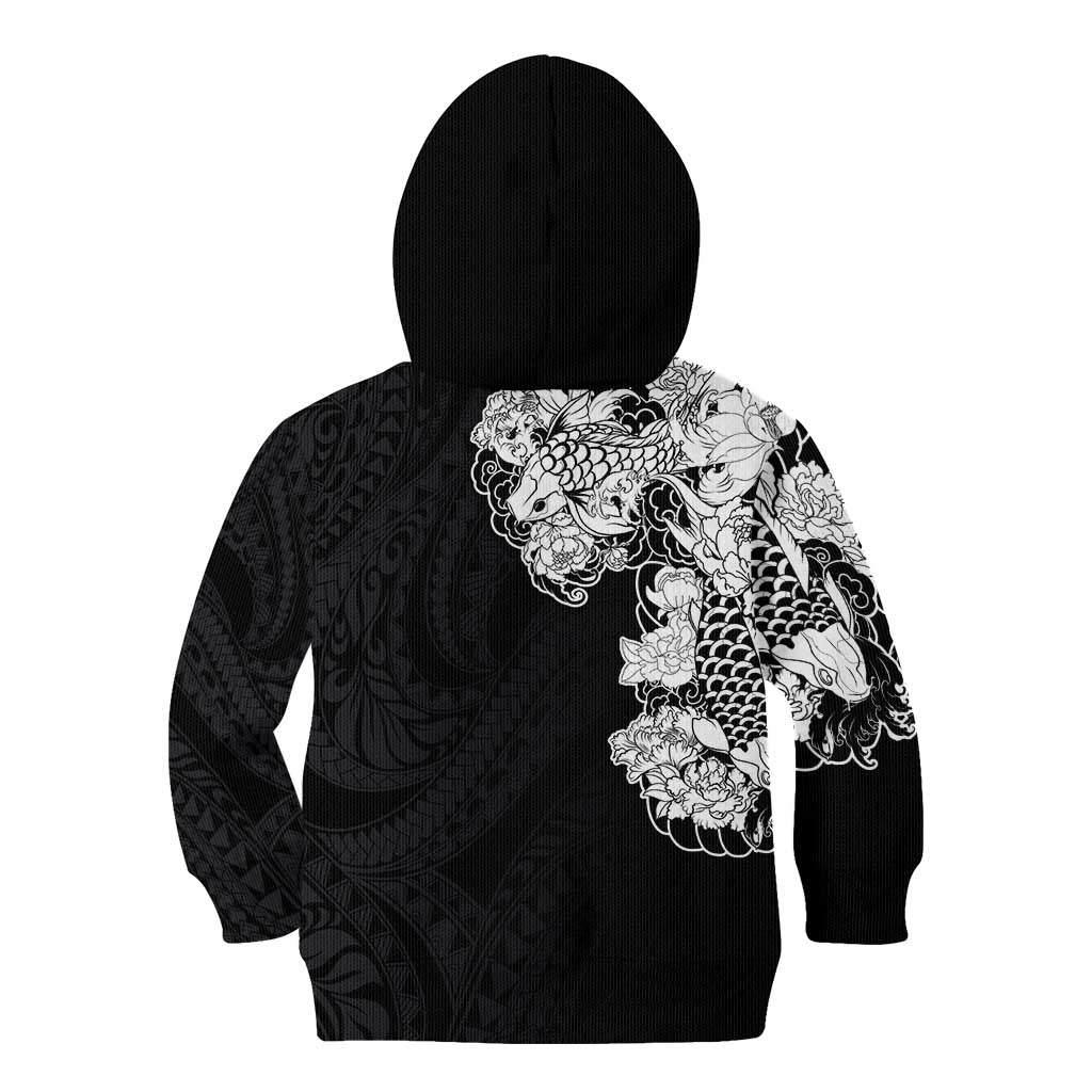 Hawaiian and Japanese Together Kid Hoodie Japanese Koi Fish Tattoo and Kakau Pattern Black Color