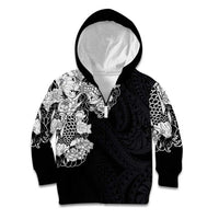 Hawaiian and Japanese Together Kid Hoodie Japanese Koi Fish Tattoo and Kakau Pattern Black Color