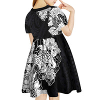 Hawaiian and Japanese Together Kid Short Sleeve Dress Japanese Koi Fish Tattoo and Kakau Pattern Black Color