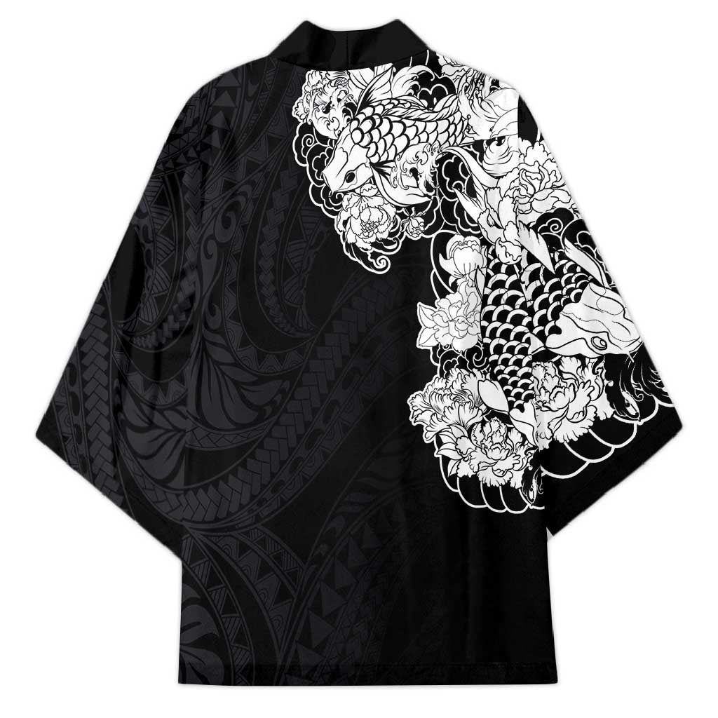 Hawaiian and Japanese Together Kimono Japanese Koi Fish Tattoo and Kakau Pattern Black Color - Polynesian Pride