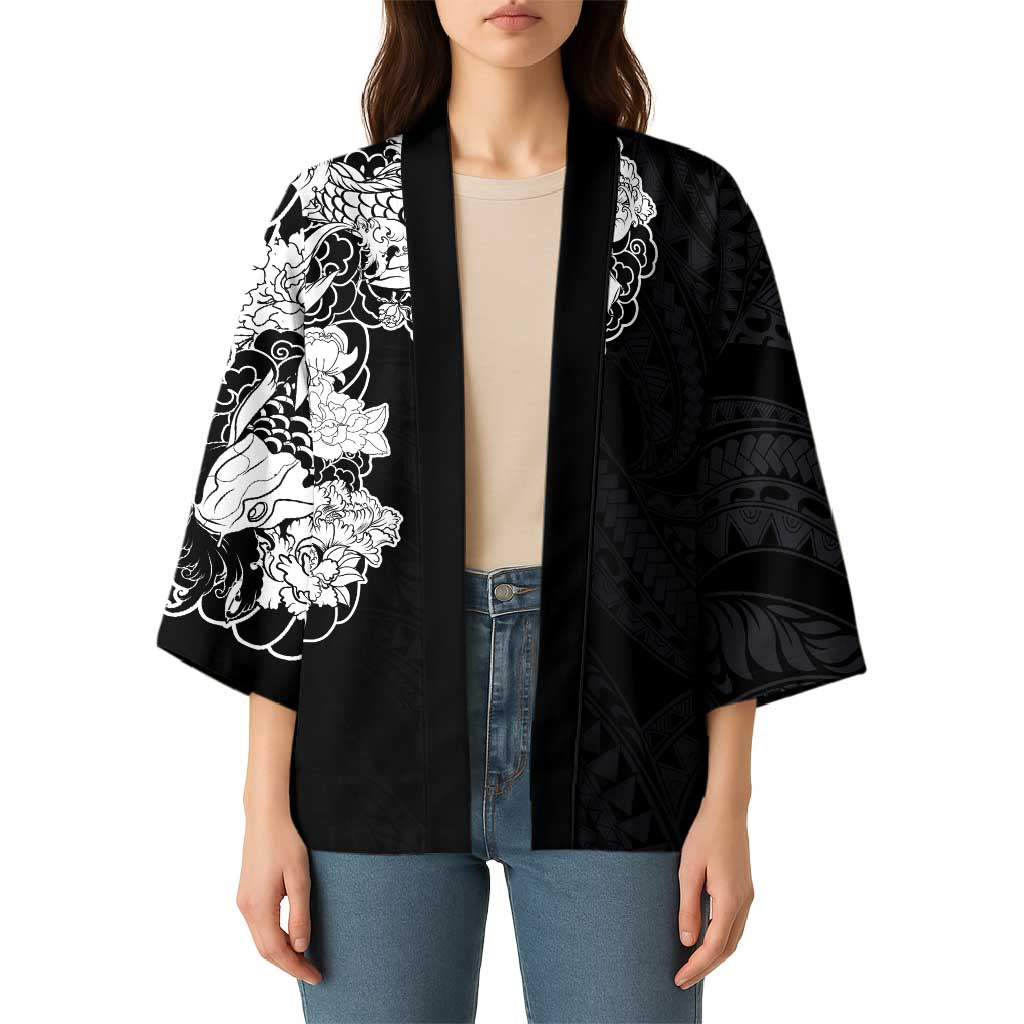 Hawaiian and Japanese Together Kimono Japanese Koi Fish Tattoo and Kakau Pattern Black Color - Polynesian Pride