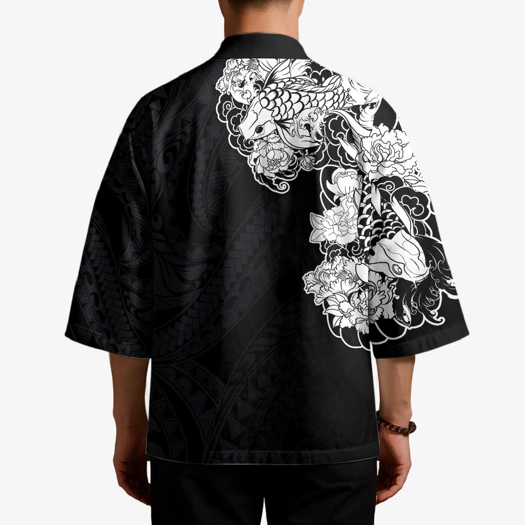 Hawaiian and Japanese Together Kimono Japanese Koi Fish Tattoo and Kakau Pattern Black Color - Polynesian Pride