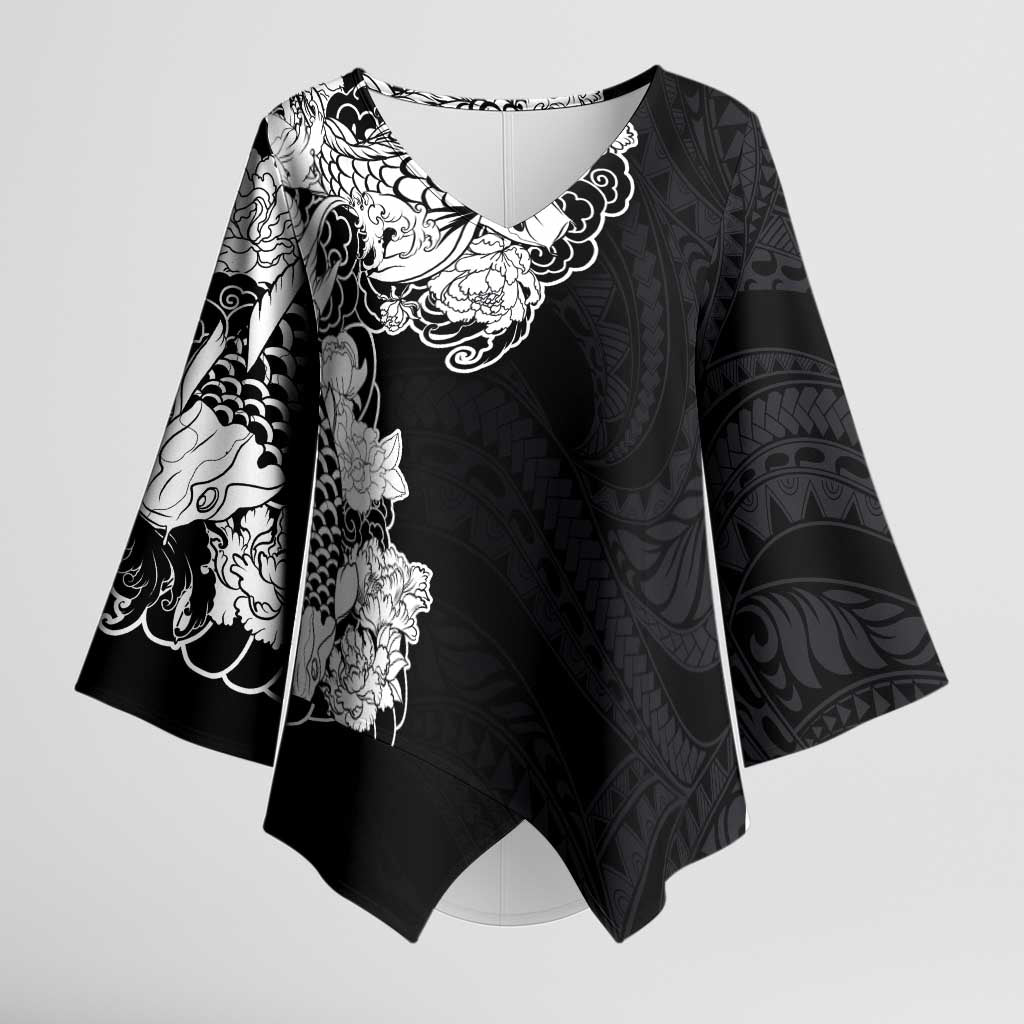 Hawaiian and Japanese Together Kimono Sleeve Blouse Japanese Koi Fish Tattoo and Kakau Pattern Black Color - Polynesian Pride