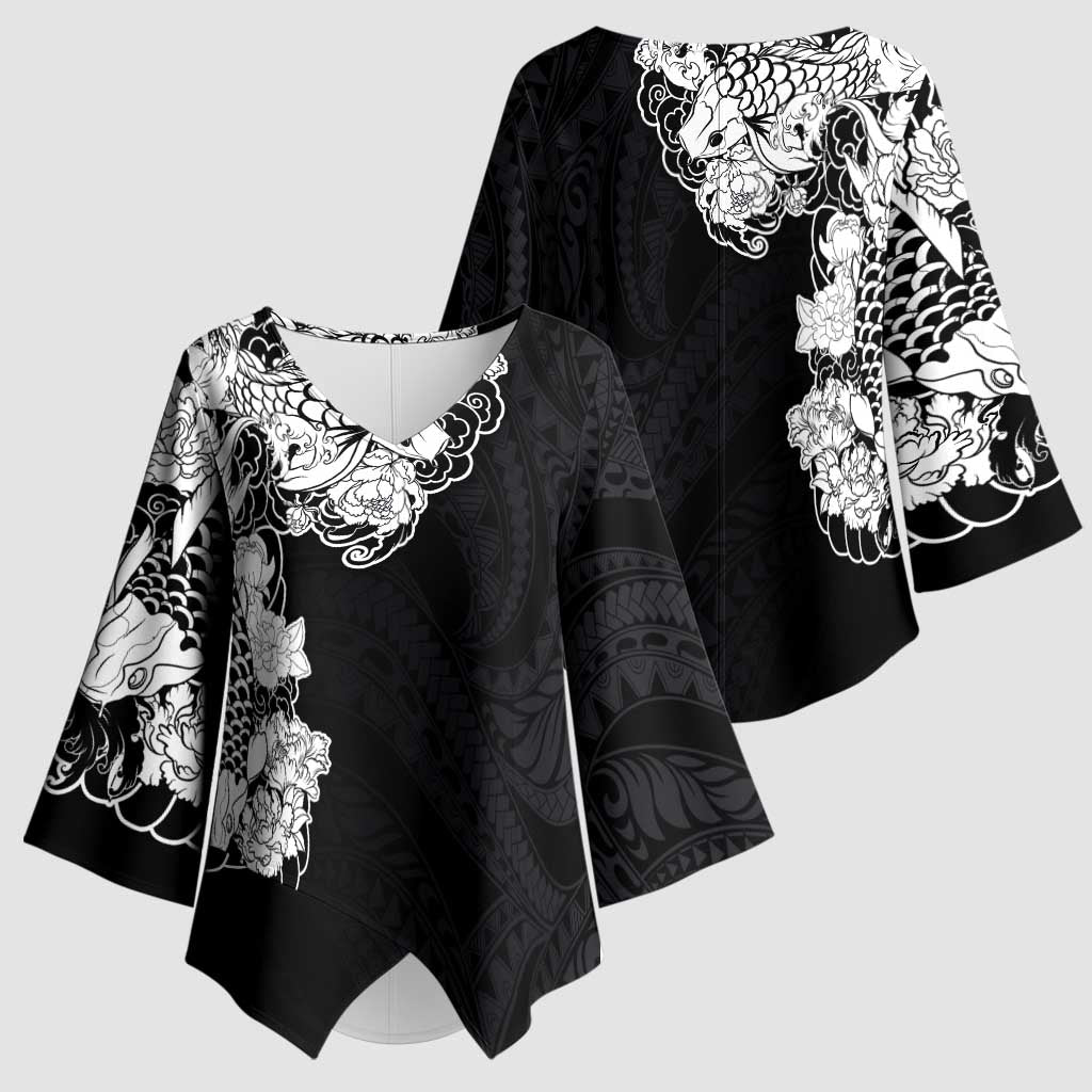 Hawaiian and Japanese Together Kimono Sleeve Blouse Japanese Koi Fish Tattoo and Kakau Pattern Black Color - Polynesian Pride