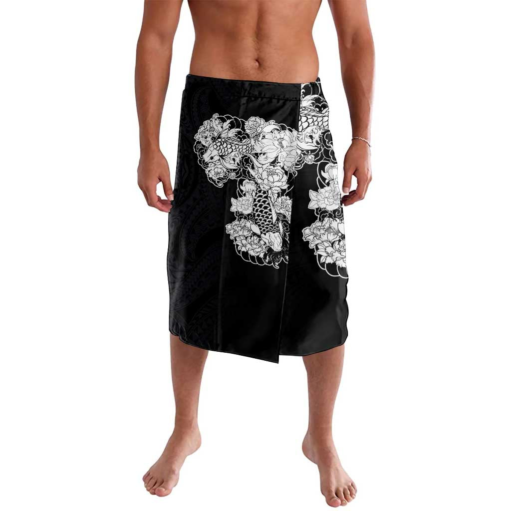 Hawaiian and Japanese Together Lavalava Japanese Koi Fish Tattoo and Kakau Pattern Black Color LT03 Black - Polynesian Pride