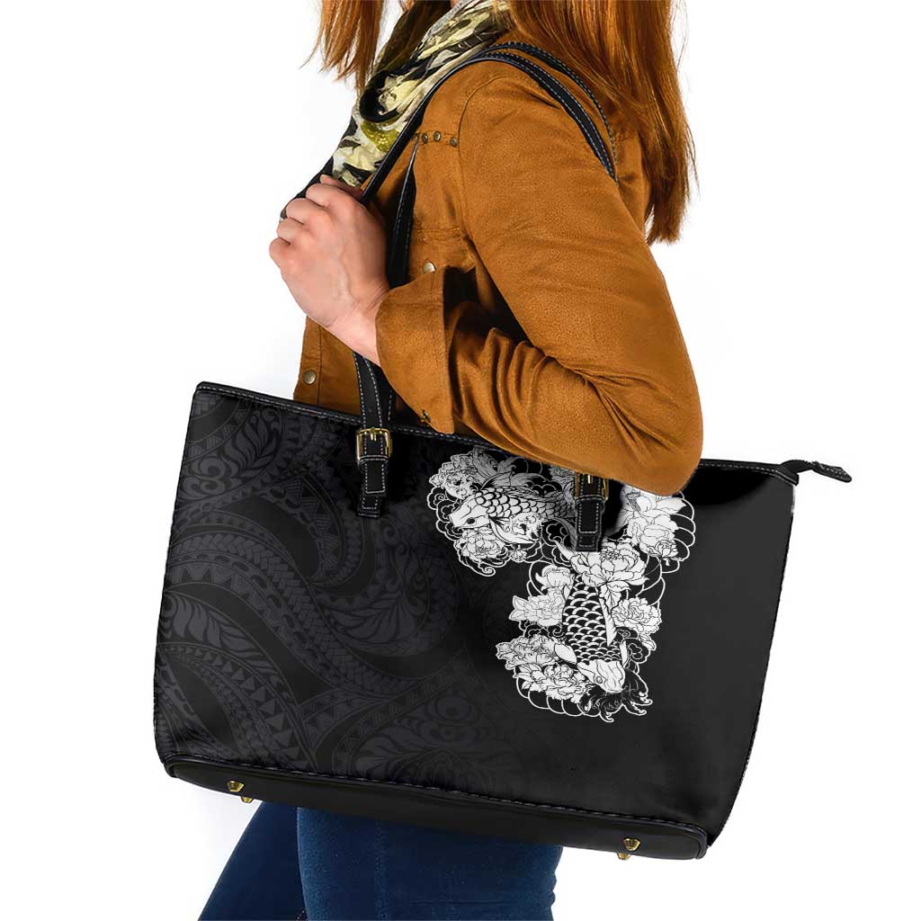 Hawaiian and Japanese Together Leather Tote Bag Japanese Koi Fish Tattoo and Kakau Pattern Black Color