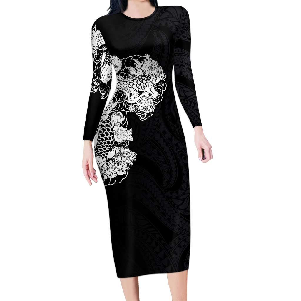 Hawaiian and Japanese Together Long Sleeve Bodycon Dress Japanese Koi Fish Tattoo and Kakau Pattern Black Color