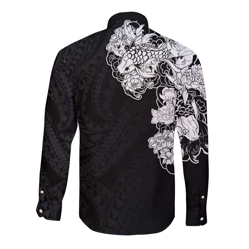 Hawaiian and Japanese Together Long Sleeve Button Shirt Japanese Koi Fish Tattoo and Kakau Pattern Black Color