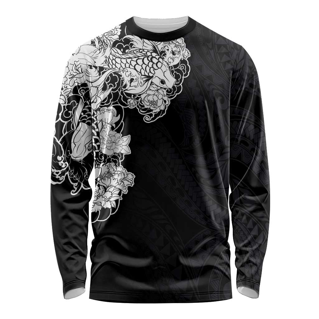 Hawaiian and Japanese Together Long Sleeve Shirt Japanese Koi Fish Tattoo and Kakau Pattern Black Color