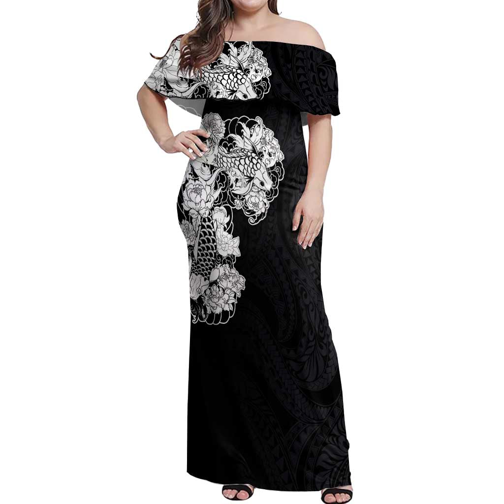 Hawaiian and Japanese Together Off Shoulder Maxi Dress Japanese Koi Fish Tattoo and Kakau Pattern Black Color LT03 Women Black - Polynesian Pride