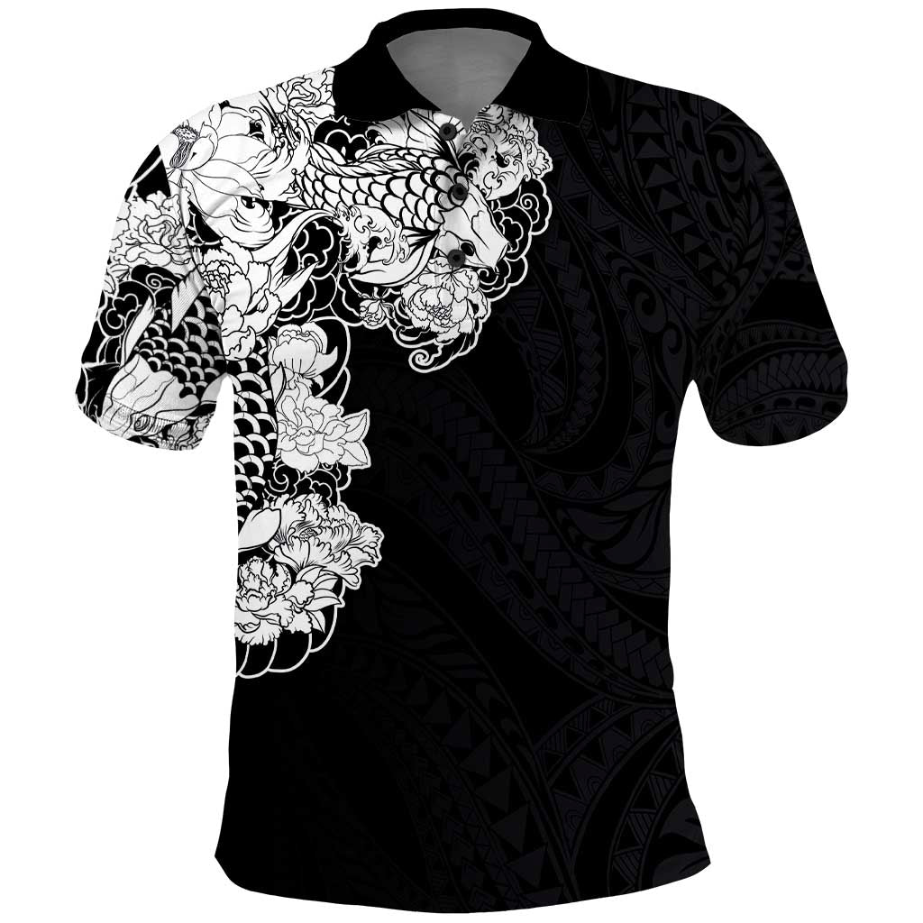 Hawaiian and Japanese Together Polo Shirt Japanese Koi Fish Tattoo and Kakau Pattern Black Color