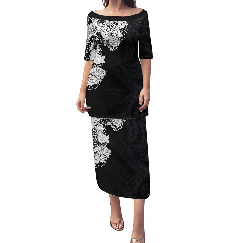 Hawaiian and Japanese Together Puletasi Japanese Koi Fish Tattoo and Kakau Pattern Black Color LT03 Long Dress Black - Polynesian Pride