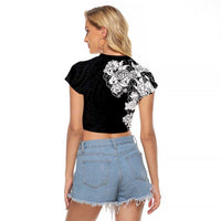 Hawaiian and Japanese Together Raglan Cropped T Shirt Japanese Koi Fish Tattoo and Kakau Pattern Black Color