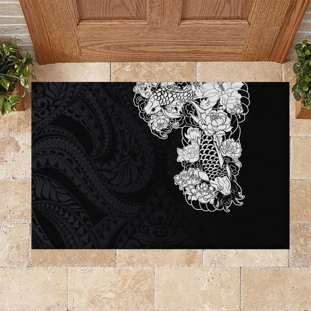 Hawaiian and Japanese Together Rubber Doormat Japanese Koi Fish Tattoo and Kakau Pattern Black Color LT03 Black - Polynesian Pride