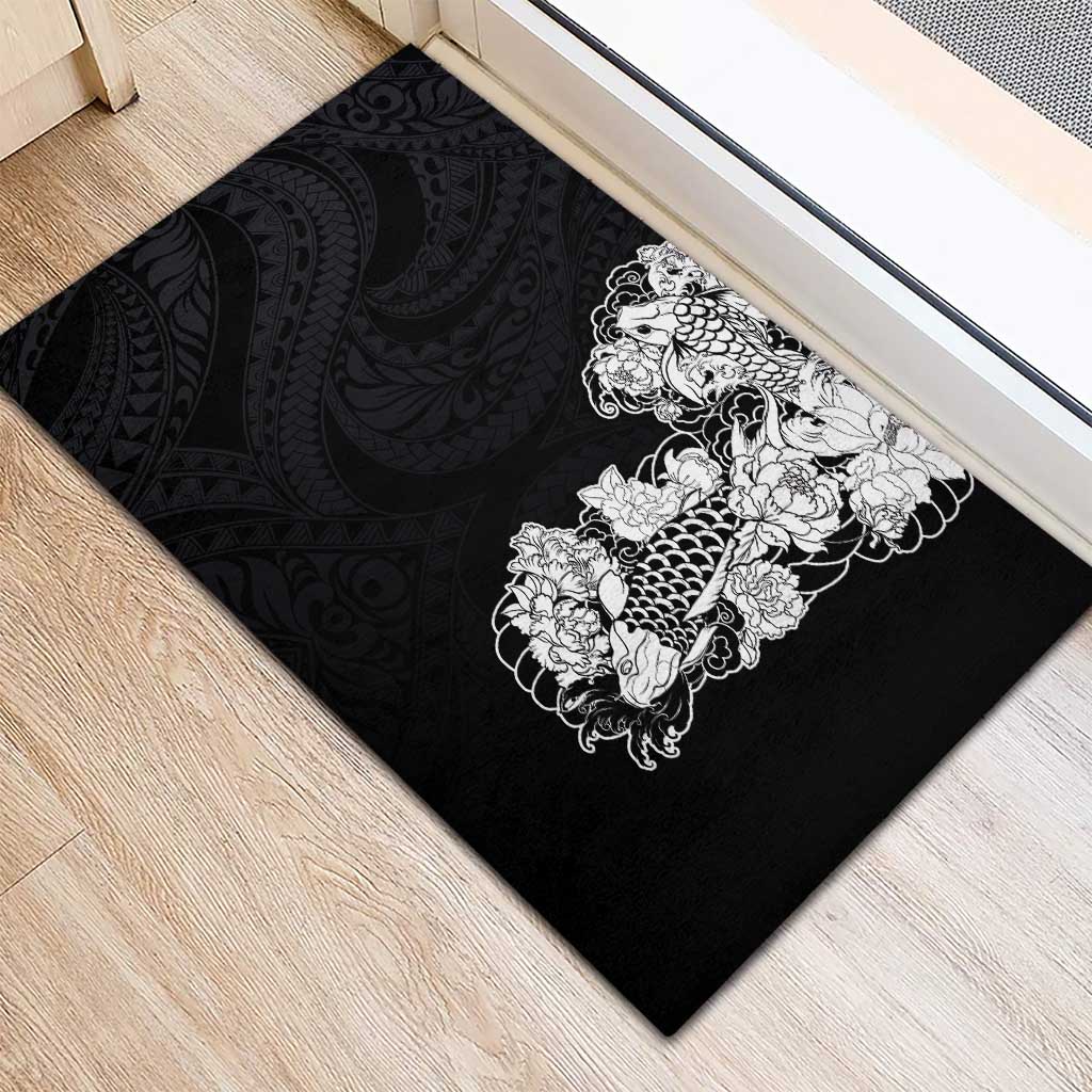 Hawaiian and Japanese Together Rubber Doormat Japanese Koi Fish Tattoo and Kakau Pattern Black Color LT03 - Polynesian Pride